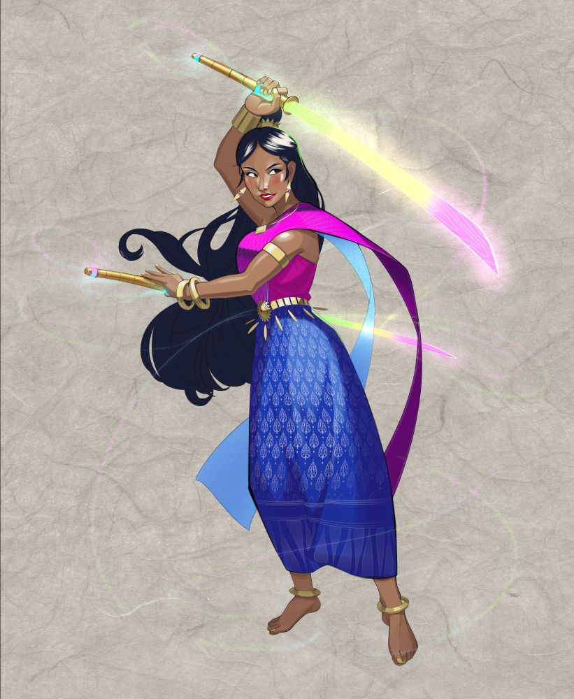 A woman in traditional Thai clothing wielding two krabi (thai swords) made of rainbow energy like the weapons from KPOP Demon Hunters. She is wearing various gold jewelry on her wrists and ankles with nails painted gold. Her top is pink and skirt is blue. 