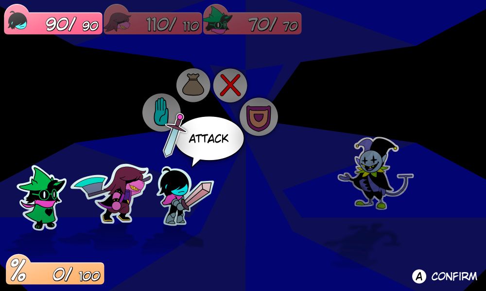 A screenshot mock up of Deltarune in the Paper Mario style. This one is of the secret boss fight with Jevil. Jevil is made up of crumpled up paper.