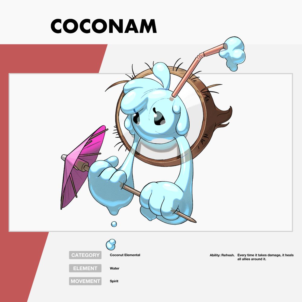 A drawing of a creature called Coconam. It is a watery, slime creature emerging from half a coconut. It has a straw sticking out of its head and is holding a pink paper umbrella in its hands.