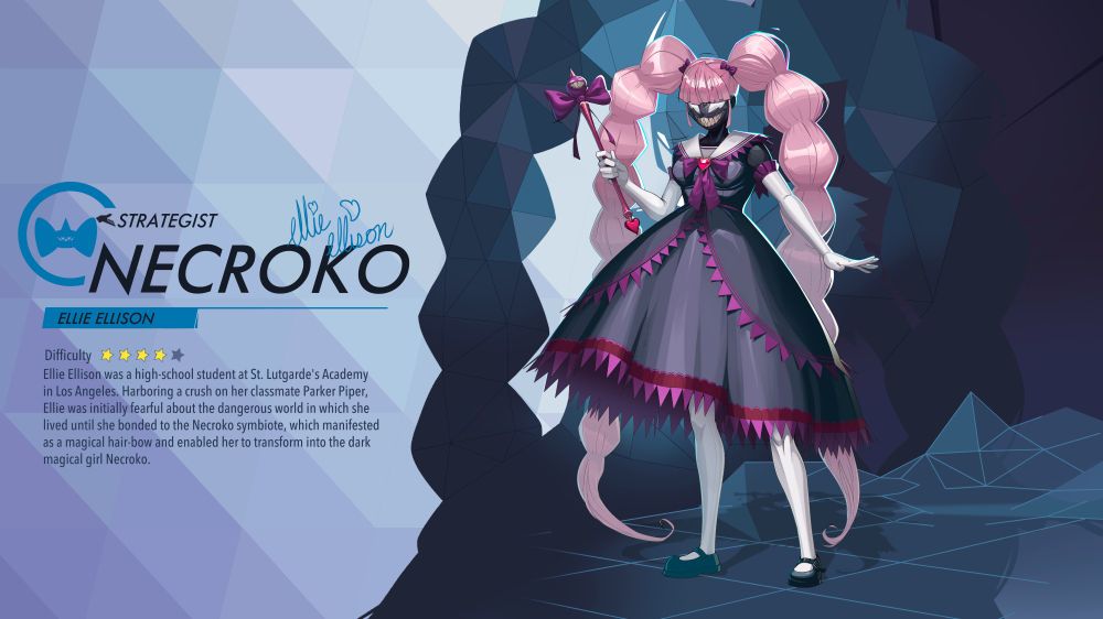 A drawing of Necroko in the style of Marvel Rivals. She is placed in a mock up of the lore screen from the game.