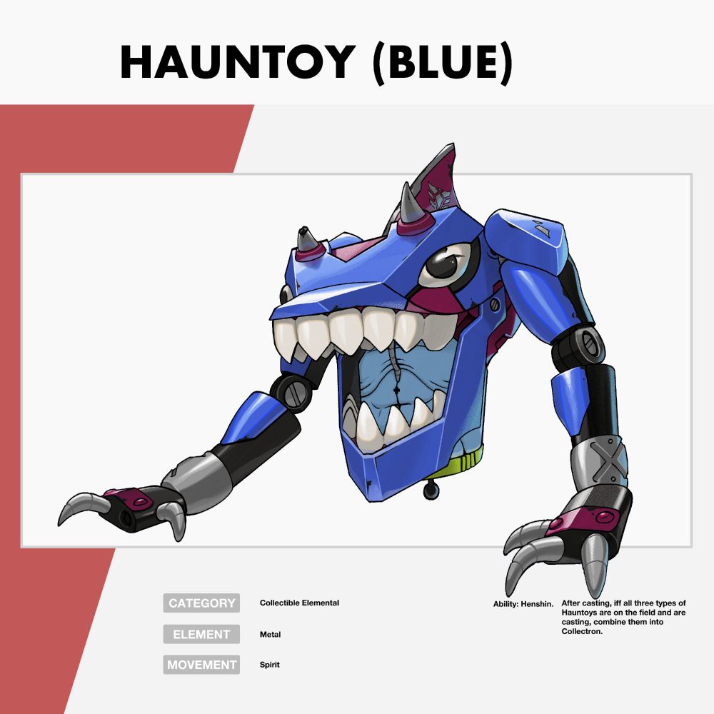A drawing of a creature called Hauntoy (Blue). It is inspired by Street Sharks and Xtreme Dinosaurs and has a similar body shape with more mechanical pieces affixed to it. It is missing its lower half and is holding itself up by its long arms. 