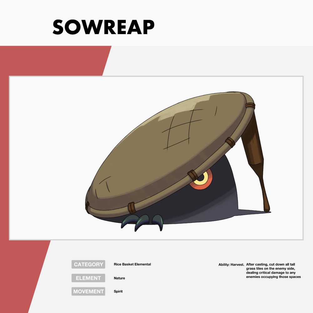 A stylized drawing a creature called Sowreap. It is a shadowy figure under a rice basket with orange-yellow eyes and talons emerging from under the basket. 