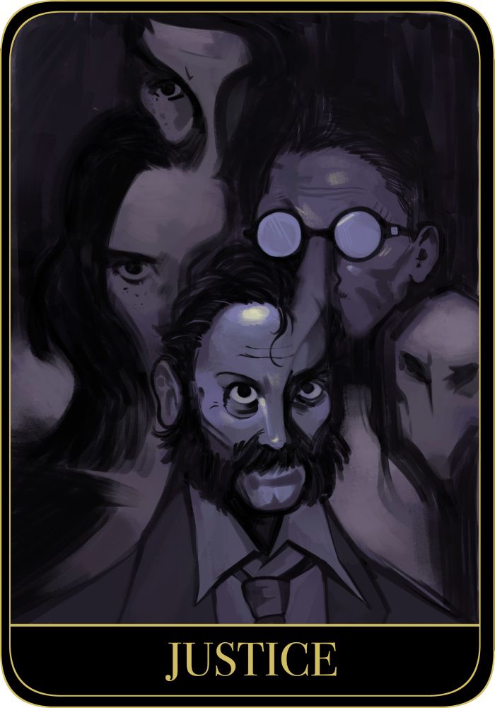 A Justice tarot depicting Harry Du Bois, Kim Kisturagi and other members of the RCM arranged in the style of Esprit de Corps.