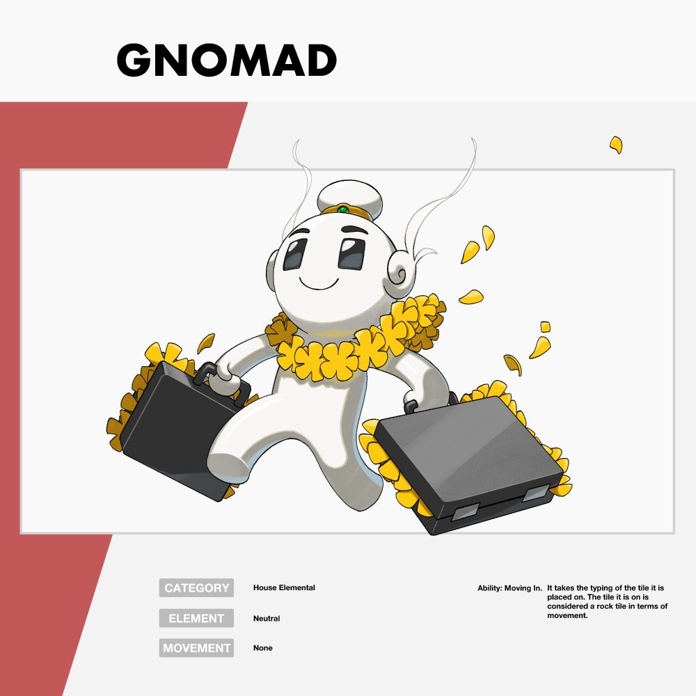 A drawing of a creature called Gnomad, it is a small white humanoid with a necklace of yellow flowers around its neck. It is carrying two briefcases overflowing with the same yellow flowers.