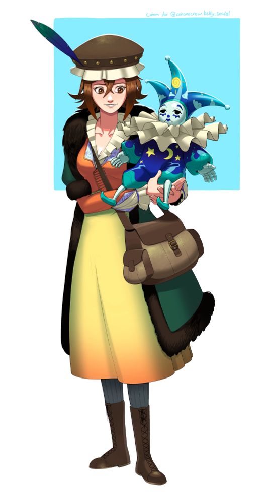 A drawing of a fem person holding a porcelain doll wearing jester's clothing. The doll has a sad face with the person (Vikoria) is smiling at it. Viktoria is wearing a yellow and orange dress with a heavy fur coat over it as well as a leather hat. There is a leather bag slung over the shoulder.