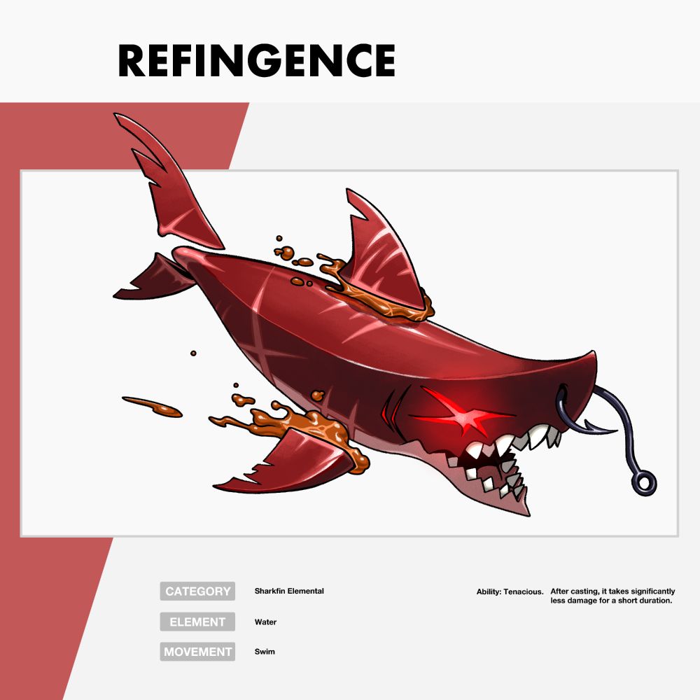 A drawing of a creature called Refingence. It is a scarred, red zombie shark with glowing red eyes. It has a fish hook through its snout. Its fins, are floating above its body with an amber soup liquid pouring out of them.