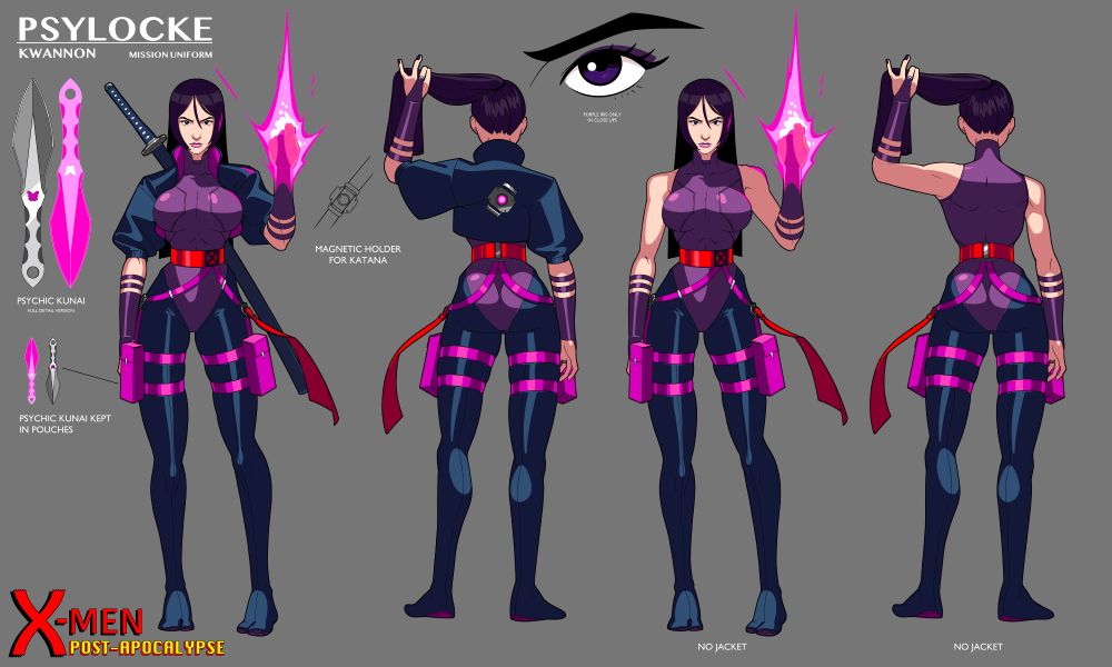 A character design sheet of Psylocke in a costume similar to how she appears in her solo series. The sheet shows her from the front and from the back with a second version of each without her jacket on. There is a close up of her eye and designs for her kunai.