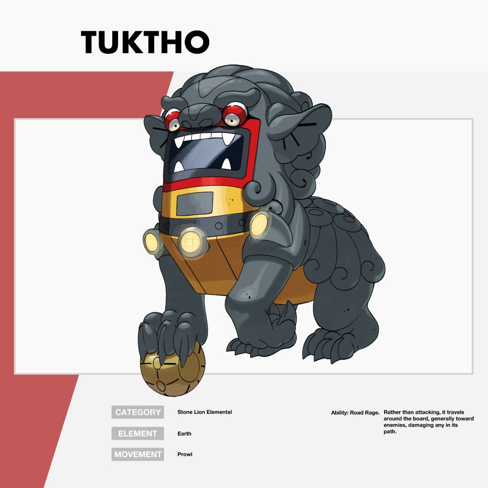 A drawing of a creature called Tuktho. It is a large stone lion but has a front half reminiscent of the front of a tuktuk. It holds a small golden ball in its front right paw against the ground. 