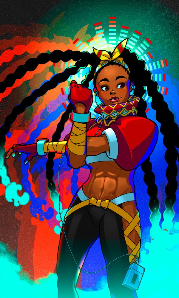 An illustration of Kimberly Jackson from Street Fighter 6 in her default costume. She has sound waves coming out of her head like when she uses her ultra combo. She is stretching her left arm using her right arm. She is surrounded by bright graffiti colors. 