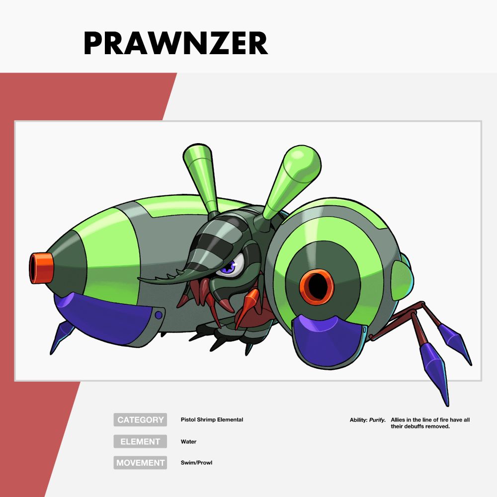 A drawing of a creature called Prawnzer. It is a green shrimp with giant water guns attached to the sides of its body. The water guns have crustacean legs to help it walk on land.