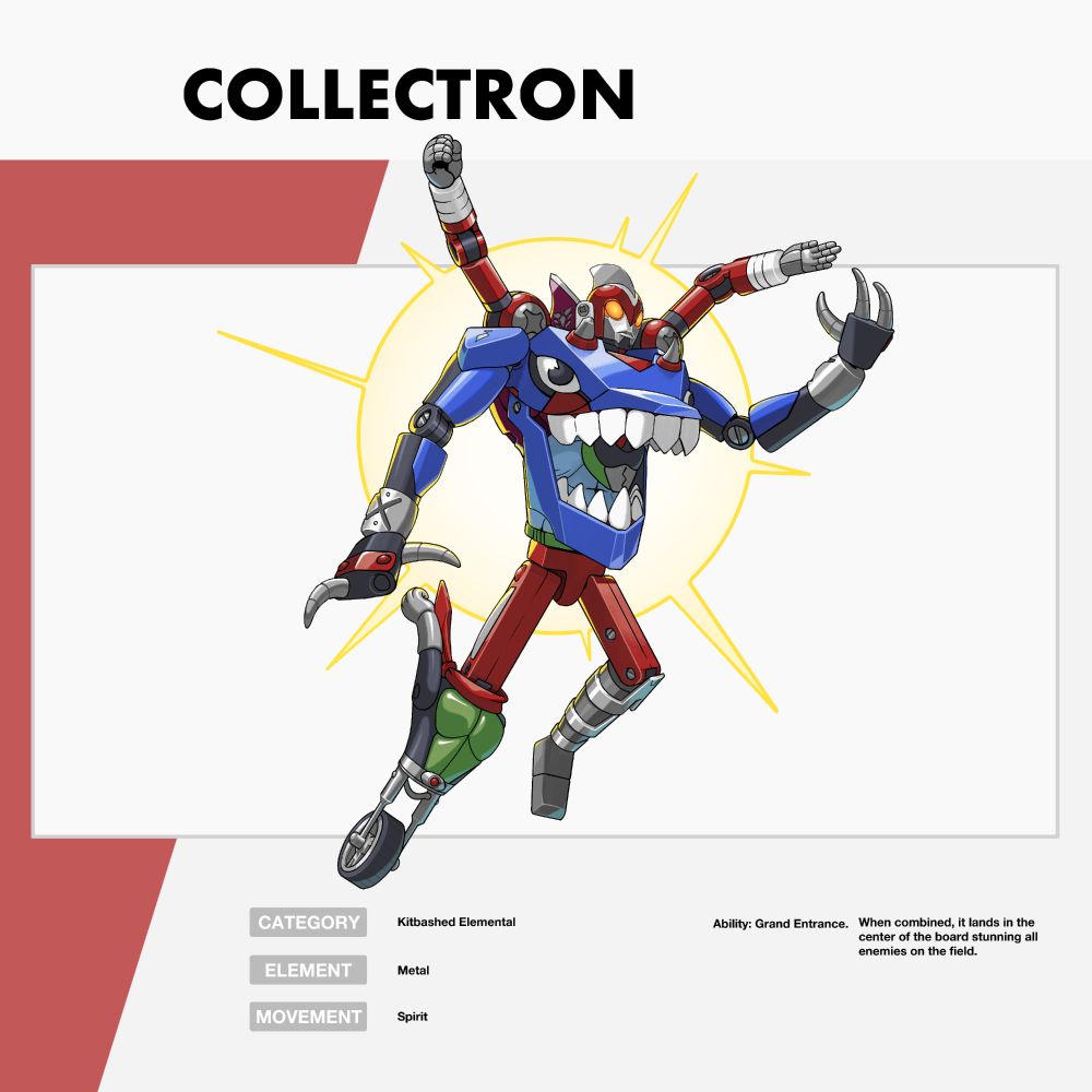 A drawing of a creature called Collectron. It is a combination of all three variants of Hauntoy. The blue variant makes up its torso and main arms while the red variant is responsible for a second set of arms on its back, as well as the head and legs. The green variant makes up for the red variant's missing right leg. 