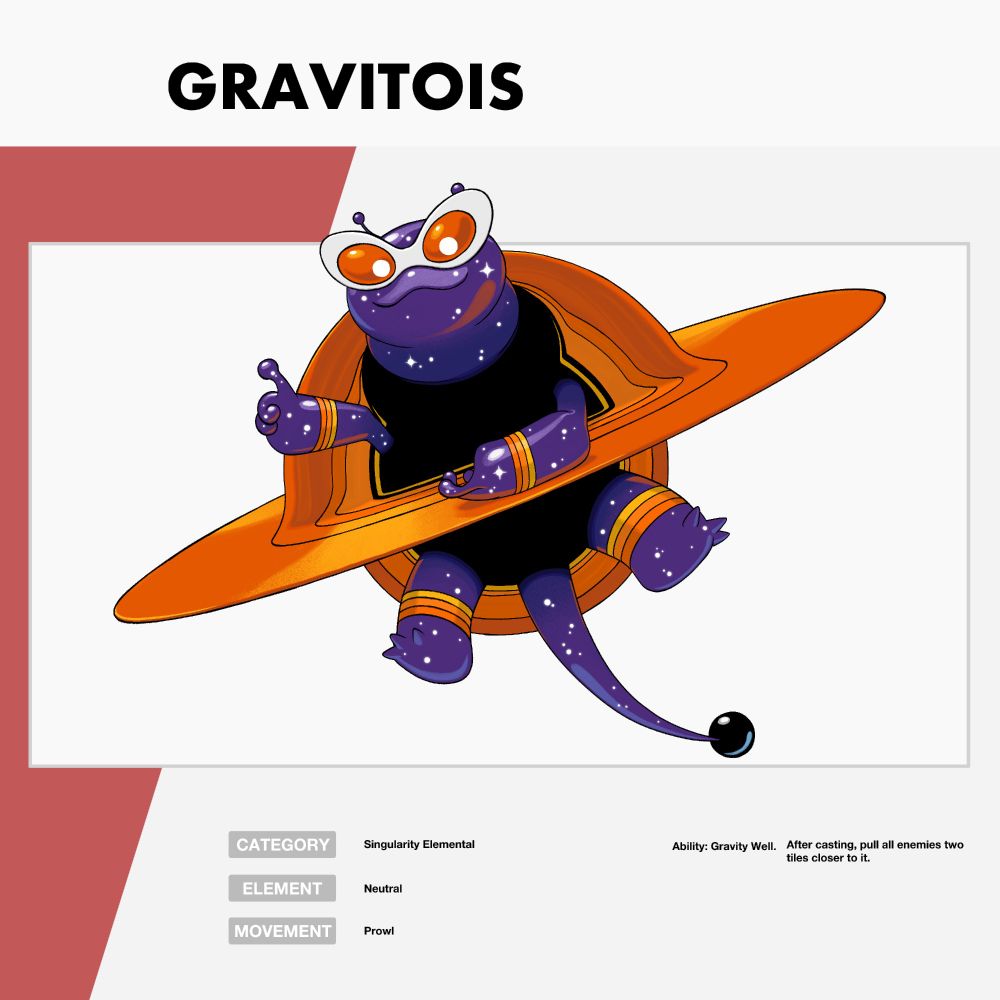 A drawing of a creature called Gravitois. It is a floating purple tortoise with a ring around its body resembling a singularity. It has a long tail with a black pearl on the end and has eyes resembling cat eyed sunglasses. Its body has white spots resembling stars on a night sky. 
