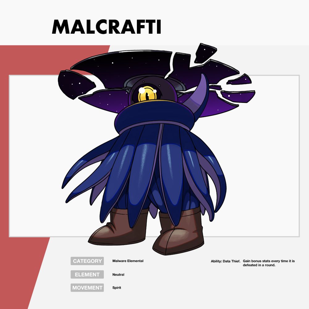 A drawing of a creature called Malcrafti. It is a bipedal, cyclops creatre with tentacles arranged like a cloak around its body. It wears brown boots and has a shattered CD rom on its head. The CD has a night sky in its reflection.