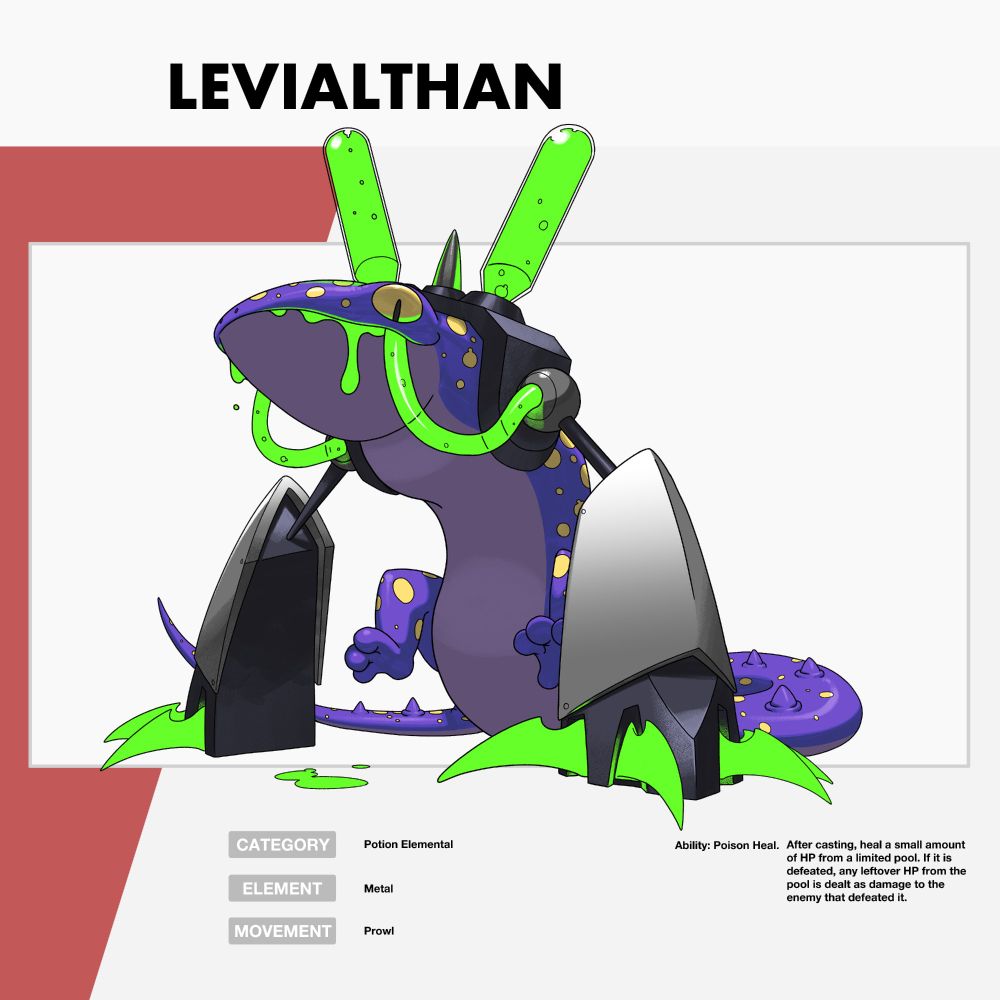 A stylized drawing of a creature called Levialthan. It is based on a Tokay gecko. It is purple with yellow spots and has metal arms with glowing green claws. There is a metal apparatus attached to its back with vials of poison sticking out of it with a tube going into its mouth with the same liquid.