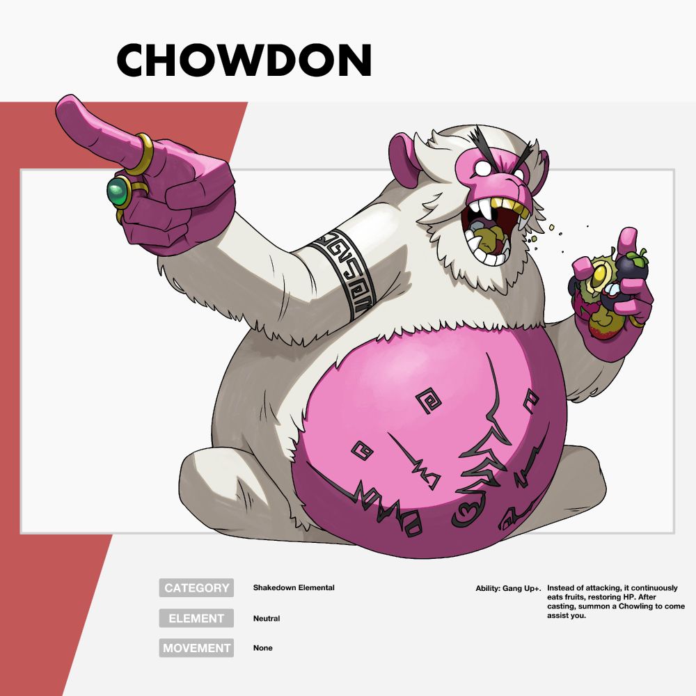 A stylized drawing of a creature called Chowdon. Chowdon is a large white monkey with a large, round belly. It is holding a hand full of half-eaten fruits in one hand and pointing with the other. It has gold rings on one hand as well as golden top teeth. It has markings similar to Thai tattoos on its biceps and belly.