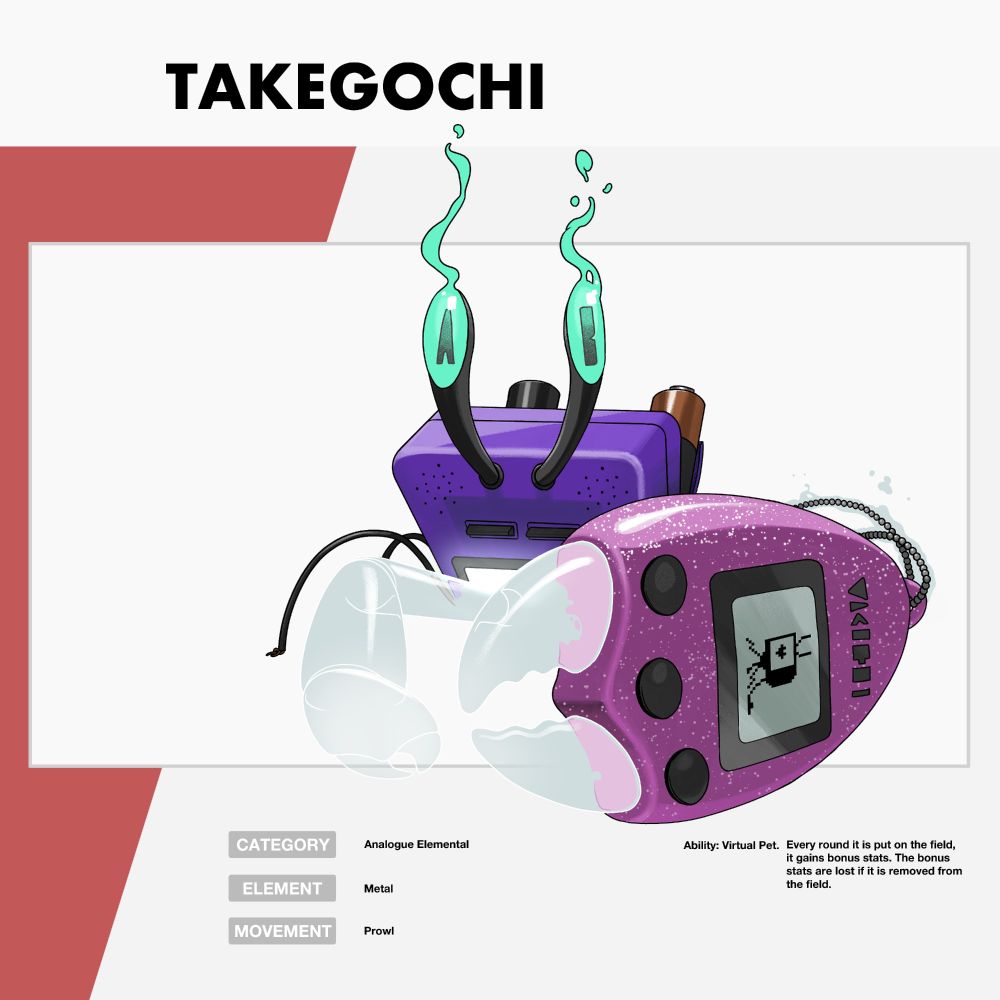 A stylized drawing of a creature called Takegochi. It has a general crab-like shape but is made up of a tamagochi and a portable game console. It has double A batteries poking out of its back and eyes coming out of the buttons of the game console. The eyes are ghostly and the irises are an 