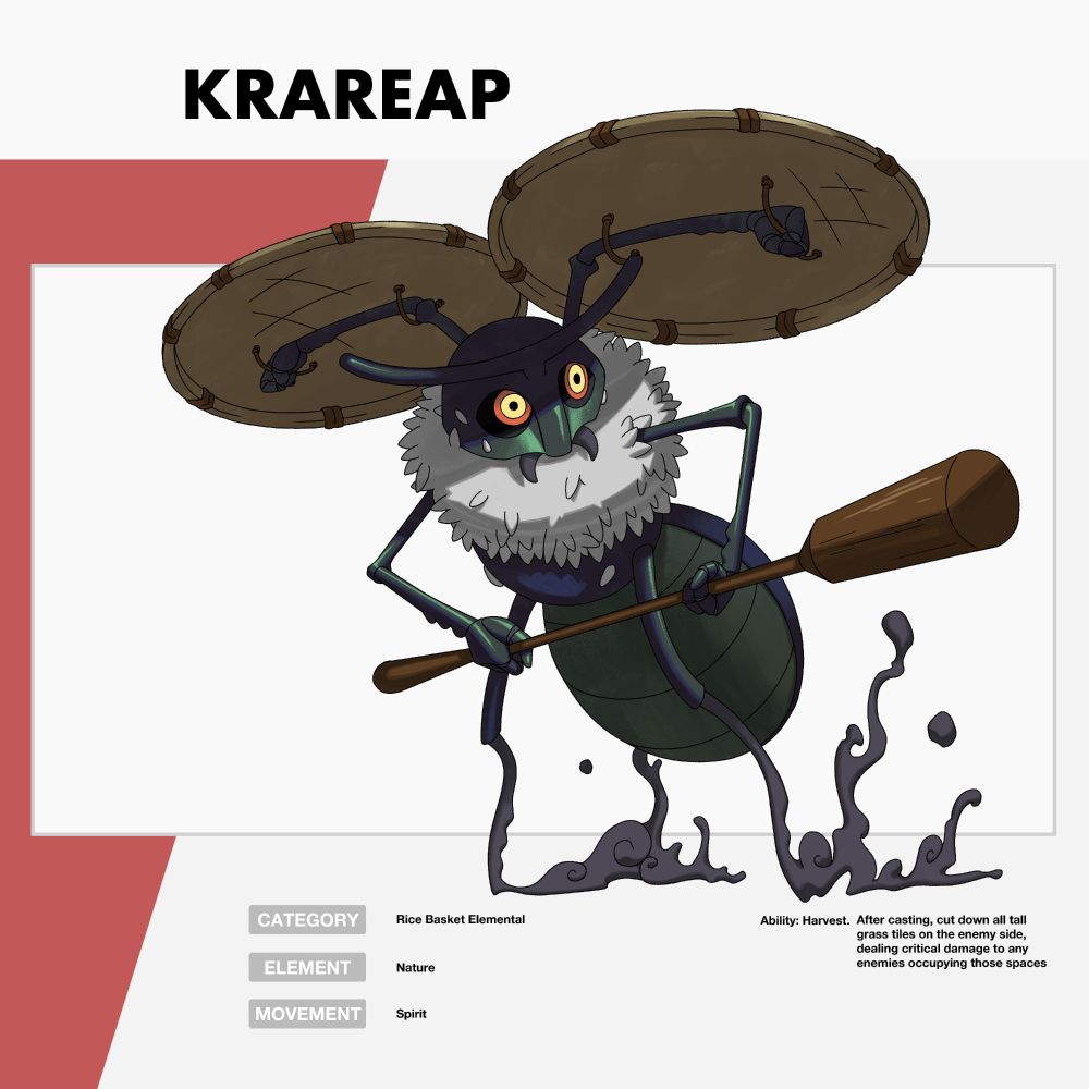 A stylized drawing of a creature called Krareap. It is a six-armed insect with rice around its neck like a fur collar. Two of its arms are attached to two rice baskets like shields and it is holding them over its head. Its other two arms are holding a rice pounder.