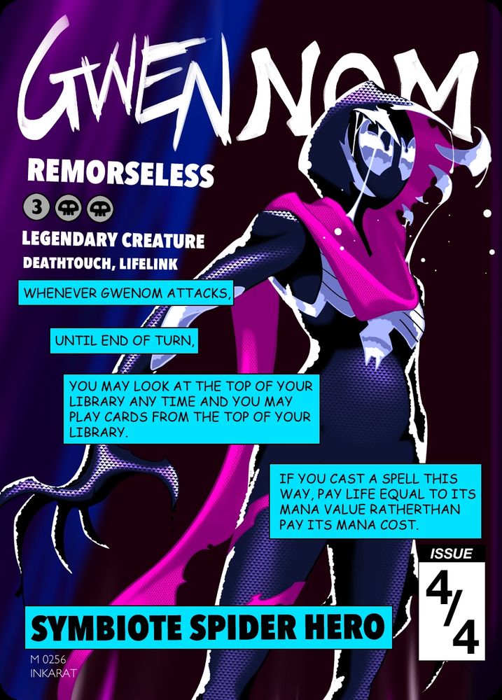 A proxy version of a Magic the Gathering card in a comic book style. The card is Gwenom, Remorseless from the Spider-man Universes Beyond set.
