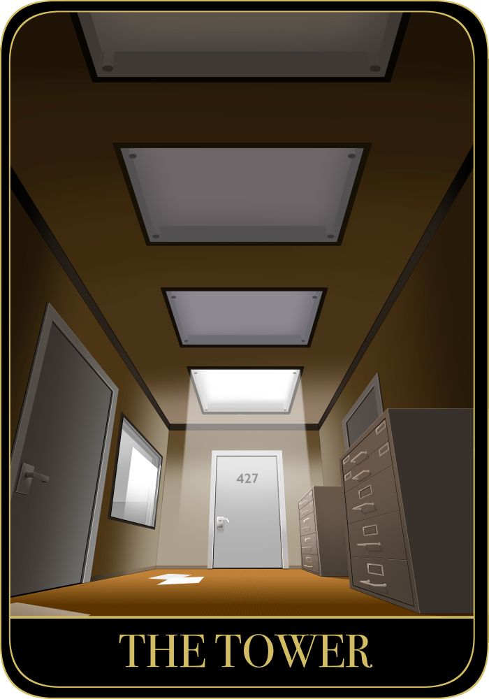 A tower tarot card with an illustration of Stanely's Office door for The Stanley Parable. It is framed with a low angle shot and the door is lit with a single overhead light.