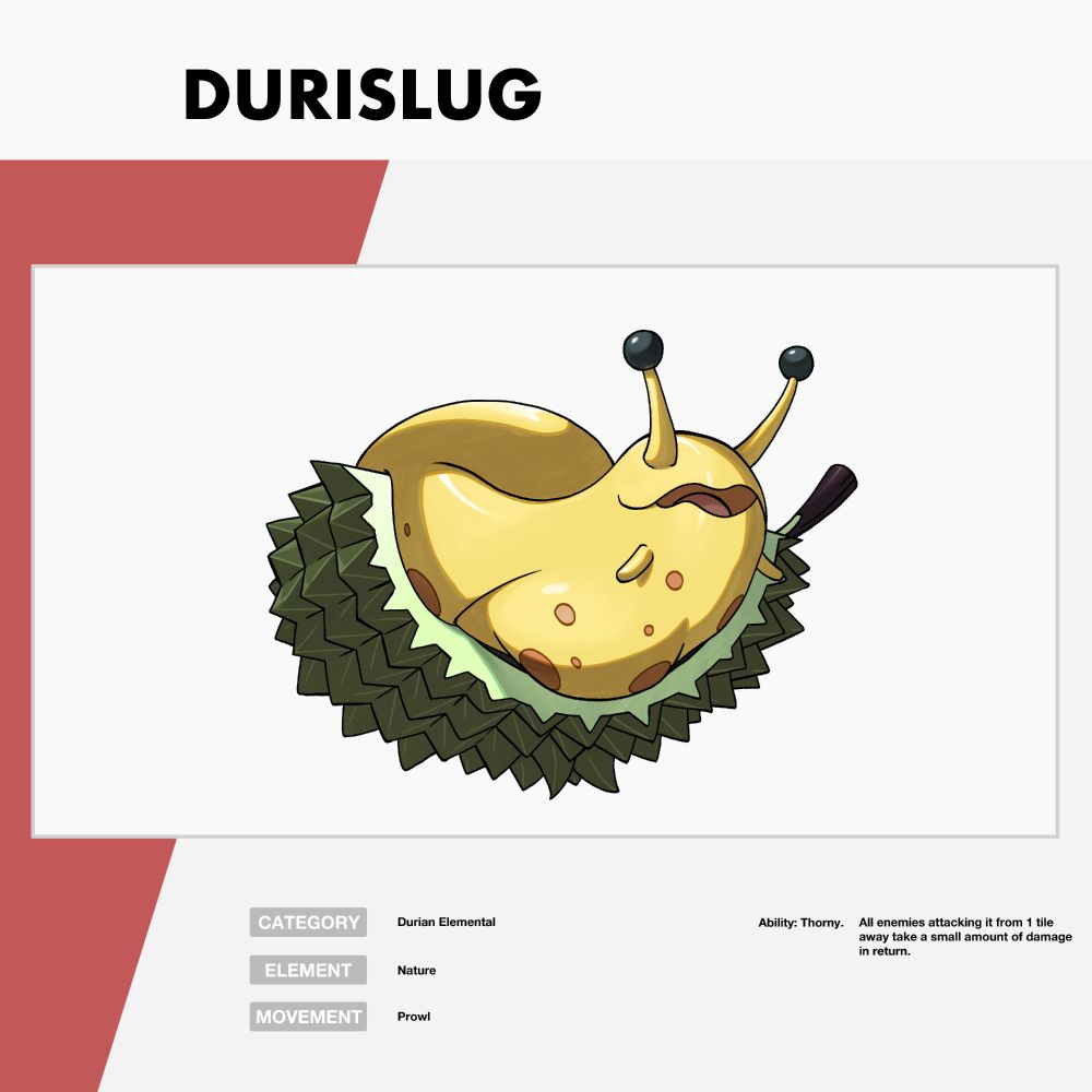 A drawing of a creature called Durslug. It is a yellow slug with spots nestled inside the shell of a cut durian.