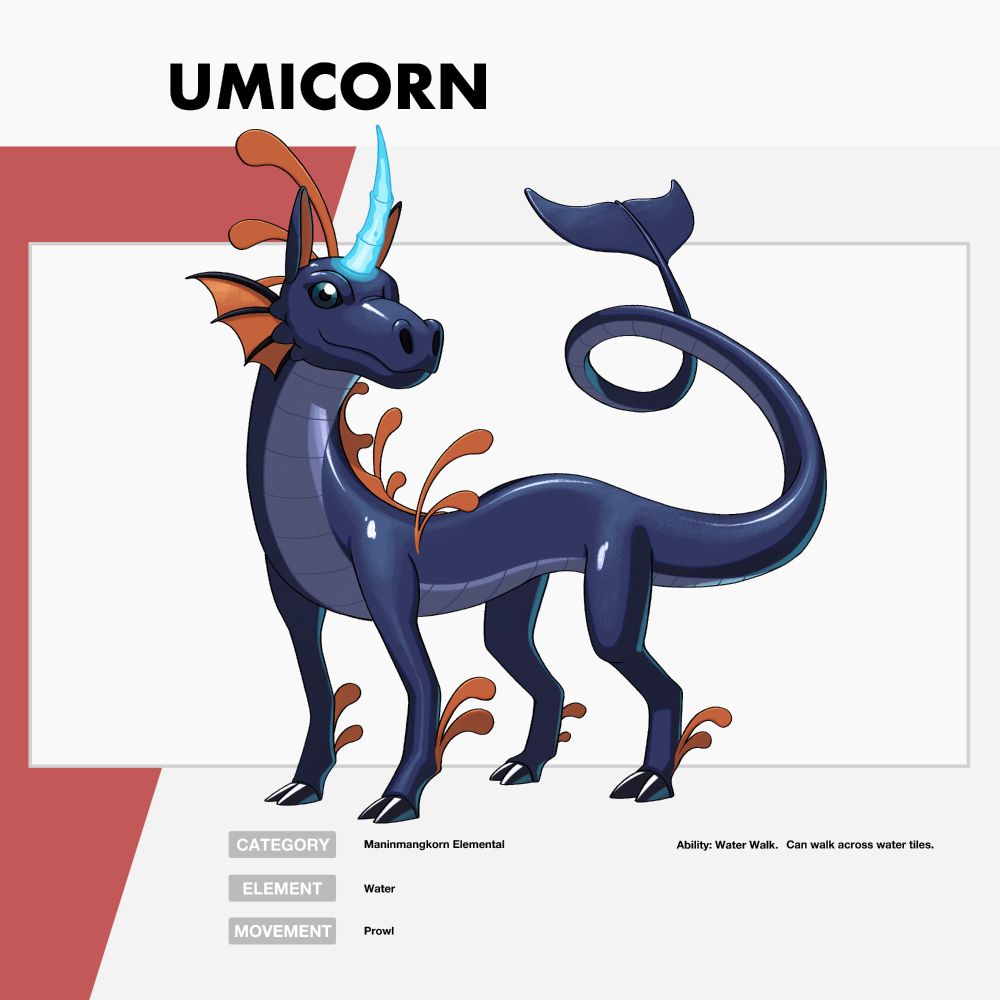A drawing of a creature called Umicorn. It is a black, scaly horse-like creature with a single glowing horn on its forehead. It has orange fins similar to a leafy seadragon and a long tail that ends in a fin similar to a dolphin. 