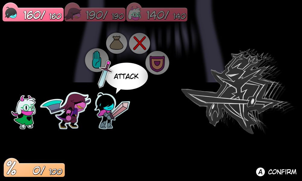 A screenshot mockup of Deltarune in the Paper Mario style. It is of the fight with the Roaring Knight.