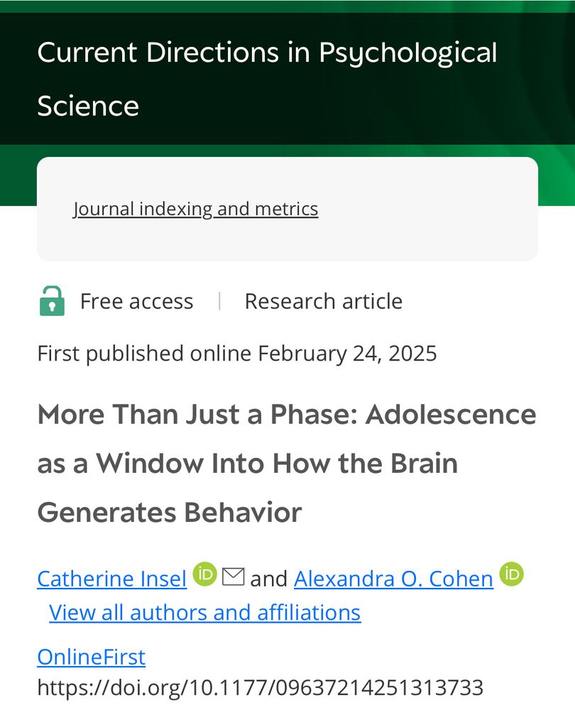 Current Directions in Psychological Science article entitled More Than Just a Phase: Adolescence as a Window Into How the Brain Generates Behavior