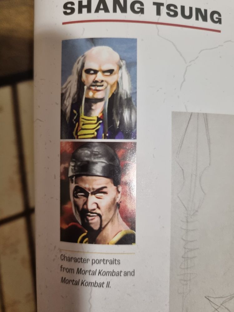 A picture of failed "AI" upscaling used in a book called Mortal Kombat: Flawless Victory - A Visual History of the Iconic Series written by Ian Flynn and published by Insight Editions. This picture shows the old and young version of Shang Tsung and both are terrible. They have no eyes at all, and the younger Shang Tsung's lips disappear into a deformed goatee on the left side.