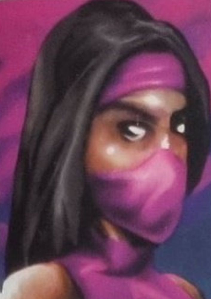 A picture of failed "AI" upscaling used in a book called Mortal Kombat: Flawless Victory - A Visual History of the Iconic Series written by Ian Flynn and published by Insight Editions. This picture shows Mileena whose eyes are seemingly melting.