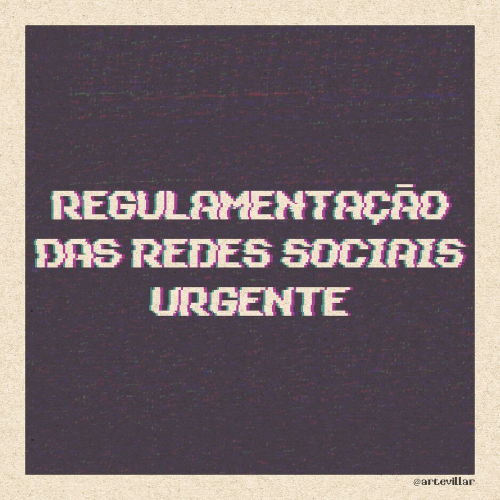 Imagem com fundo roxo escuro e no centro está escrito "regulamentação das redes sociais urgente"