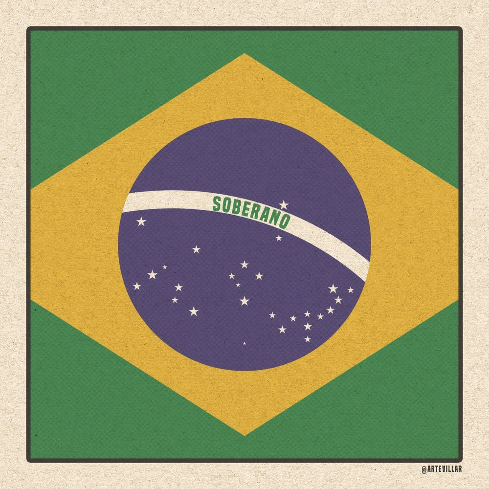 Bandeira do Brasil na qual no centro está escrito "soberano". Há uma borda branca delimitando o desenho nos quatro cantos.