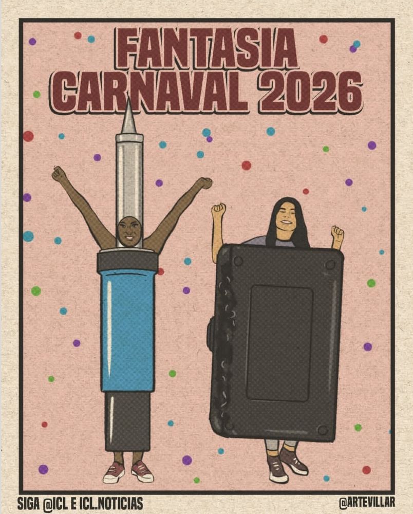 Desenho de duas mulheres fantasiadas. A mulher à esquerda está fantasiada de solda. Seu rosto fica dentro da parte metálica saindo por um buraco e os braços estendidos. A mulher à direita está de tornozeleira derretida. Acima está escrito "Fantasia Carnaval 2026". O fundo é na cor rosa e bolinhas coloridas.