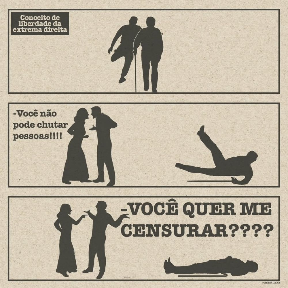 Desenho dividido em três quadrantes horizontais. No primeiro está escrito "conceito de liberdade da extrema direita". Há uma silhueta de um homem chutando uma outra silhueta de um idoso com bengala. No segundo quadrante há a silhueta de uma mulher gritando com o homem que chutou. Ela diz "você não pode chutas pessoas!". O senhor está caindo no chão. No terceiro quadrante o homem que chutou grita "você quer me censurar?????". O senhor está deitado no chão.