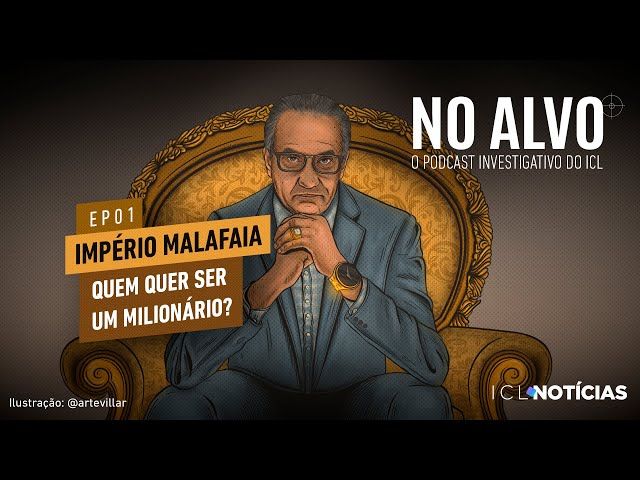 Capa do podcast Império Malafaia. Nela há o Malafaia de terno azul, relógio dourado sentado em uma poltrona de cor dourada. Está escrito "ep. 01- Império Malafaia, quem quer ser um milioário?. Ao lado direito está escrito ICL Notícias. Ilustração: @artevillar