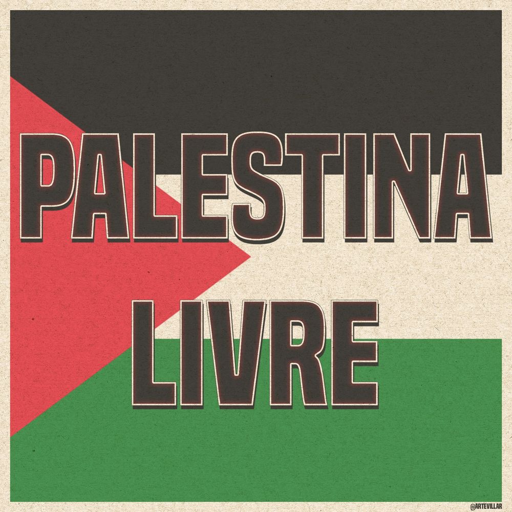 Imagem com a bandeira da Palestina ao fundo. No centro está escrito "Palestina Livre".