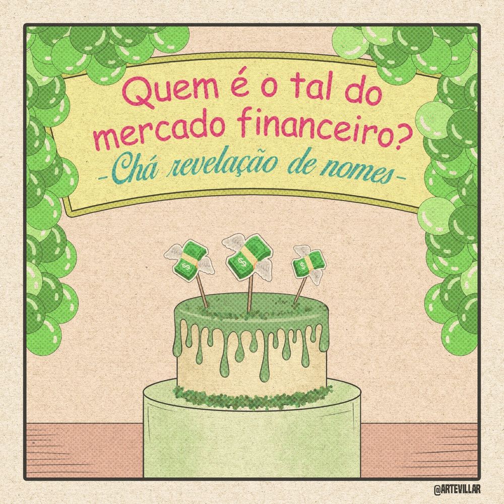 Desenho de um bolo verde com palitinhos do emoji de dinheiro voando. Há balões verdes ao redor. Acima há uma placa que diz 