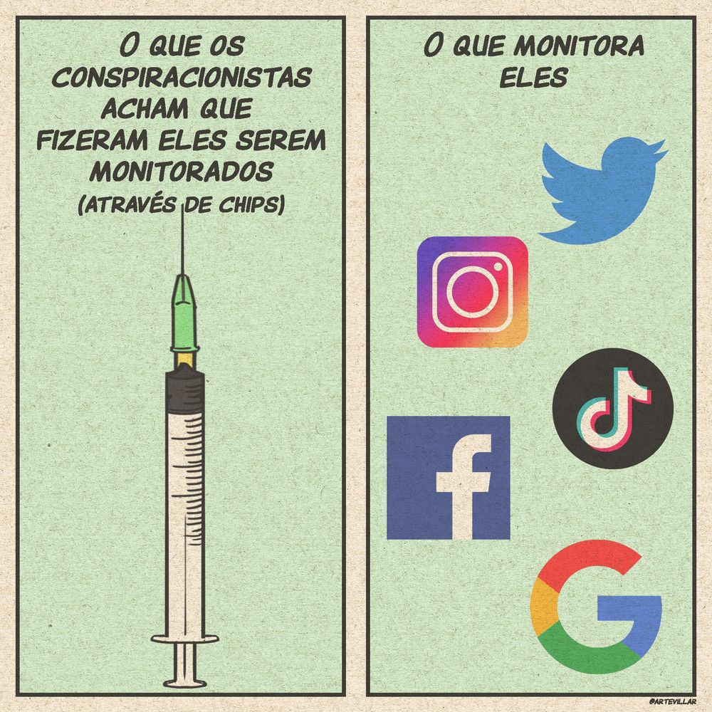 Desenho dividido em dois quadrantes horizontais. No primeiro há uma vacina e acima está escrito "o que os conspiracionistas acham que fizeram eles serem monitorados (através de chips)". No segundo há o logo do instagram, antigo twitter, tik tok, facebook e google, está escrito "o que monitora eles"