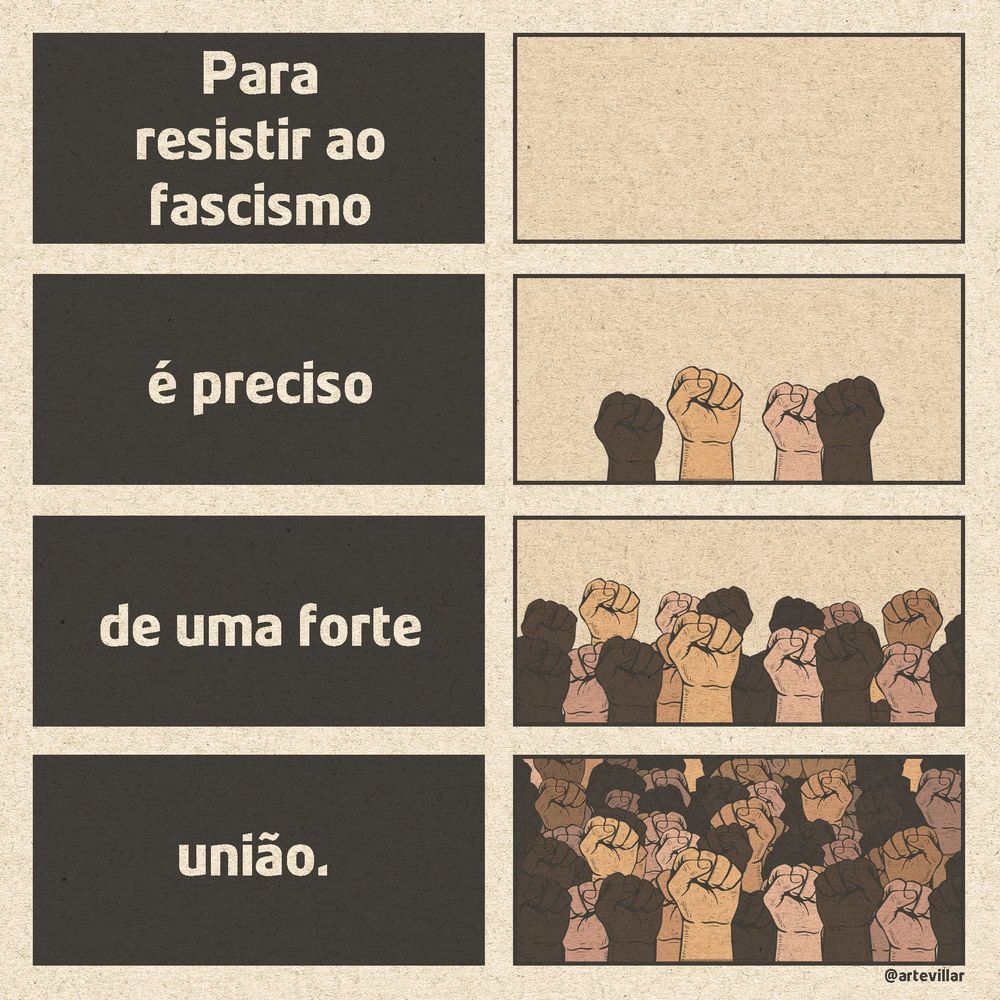Desenho dividido em oito quadrantes em 2 colunas e 4 linhas. No primeiro quadrante há um fundo preto e está escrito "para resistir ao fascismo". Na direita há somente um quadrante sem nada desenhado. No terceiro quadrante a frase continua "é preciso", no quadrante à sua direita há 4 mãos com o punho fechado em sinal de luta. No no quinto quadrante a frase continua "de uma forte". À sua direita já há mais mãos em forma de luta. E por fim a frase termina com a palavra "união", completando assim a frase "para resistir ao fascismo é preciso de uma forte união." No lado direito há dezenas e dezenas de mão."
