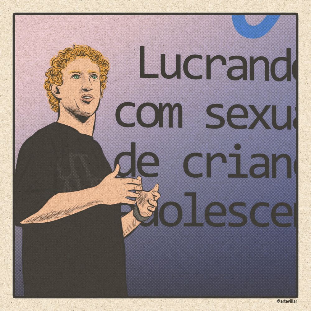 Desenho do Mark Zuckerberg. No lado direito está escrito "lucrand com sex de cria dolesce.
As palavras estão cortadas por ultrapassarem o limite do desenho.