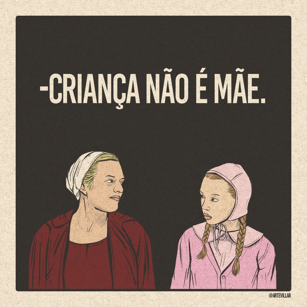 Desenho da personagem do Handmade's Tale dizendo para uma menina de rosa também personagem da série "criança não é mãe"