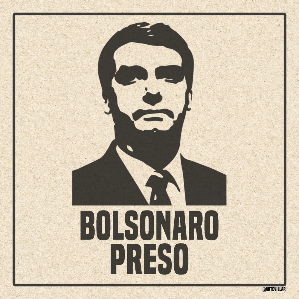 Imagem em preto e branco do bolsonaro. Abaixo está escrito em letras garrafais "bolsonaro preso".