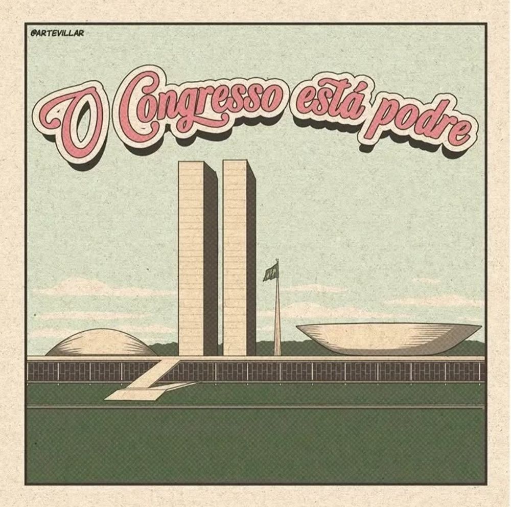 Desenho do congresso nacional. Acima está escrito em letras rosas e borda branca "O Congresso está podre".