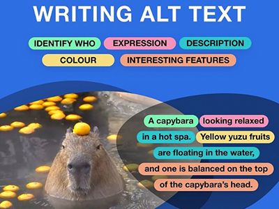 The classic how to alt text meme, with a capybara image on the left side and the alt text on the right:

WRITING ALT TEXT
IDENTIFY WHO
COLOUR
EXPRESSION
DESCRIPTION
INTERESTING FEATURES

A capybara
looking relaxed
in a hot spa.
Yellow yuzu fruits
are floating in the water, and one is balanced on the top of the capybara's head.

Some of y’all are out here just writing “capybara meme” or “capybara, 2025,” which does not communicate anything about the image.