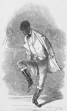 Black and white illustration of Black man in white dress coat, waistcoat, breaches and black calf boots in mid dance pose, with hands in pockets. The outline of an audience in pews is just seen in background. The man is William Henry Lane, also known as Master Juba, the inventor of tap dancing. 