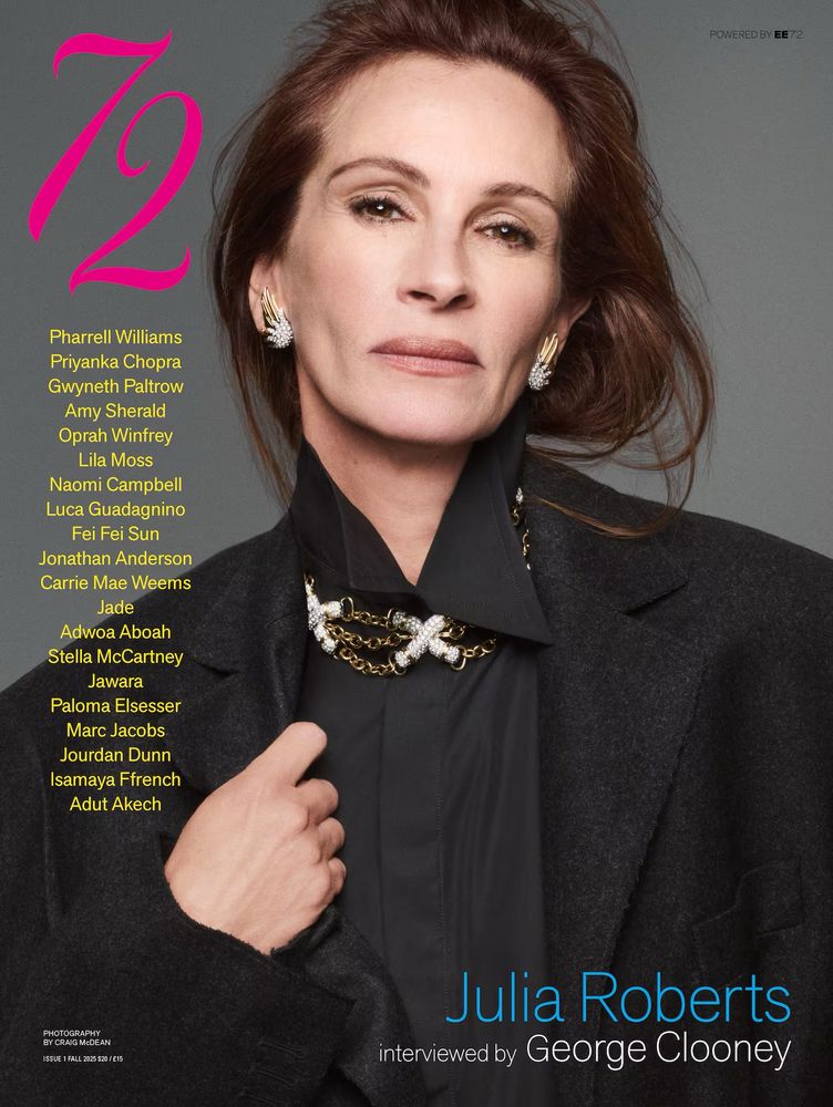 72 magazine featuring Julia Roberts, a white woman with brown hair wearing diamond earrings and matching necklace with shirt and overcoat. 