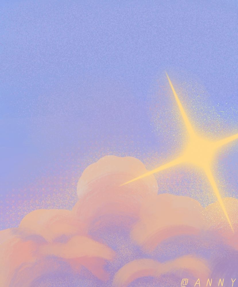 Uma ilustração se trata de um céu com uma nuvem colorida com amarelo, laranja, azul e roxo, do lado esquerdo a uma estrela brilhante gigante. 