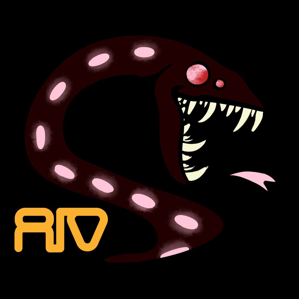 logo of a black seadragon baring its teeth, with RIT in the splatoon alphabet in the corner.