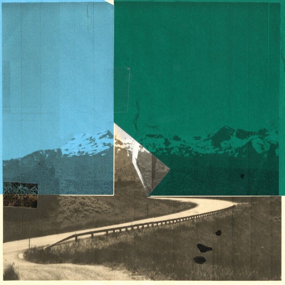 album cover for macie stewart’s “when the distance is blue” on international anthem. the image is of a photocopied image of a mountain range with a road in the foreground printed atop a combination of beige, green, and blue paper. the print is obstructed by a fold in the paper. 