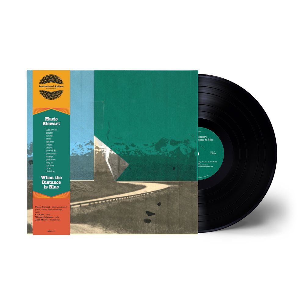 vinyl mock up for macie stewart’s “when the distance is blue” on international anthem. the image is of a photocopied image of a mountain range with a road in the foreground printed atop a combination of beige, green, and blue paper. the print is obstructed by a fold in the paper. 