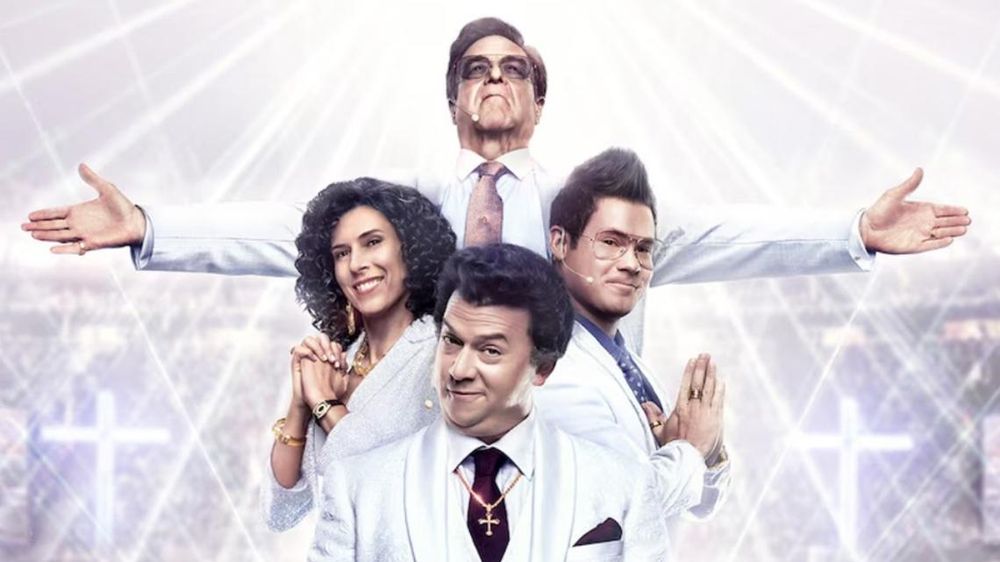 Righteous Gemstones - a church lit from "heaven," a preacher with arms outstretched; many crosses